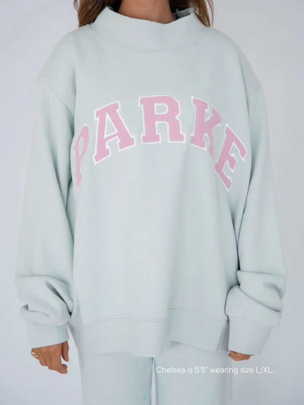 Parke | Varsity Mockneck Mint with Pink Letters